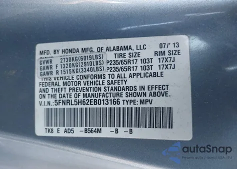 2014 Honda Odyssey Ex-L из США, поврежденный, VIN 5FNRL5H62EB013166